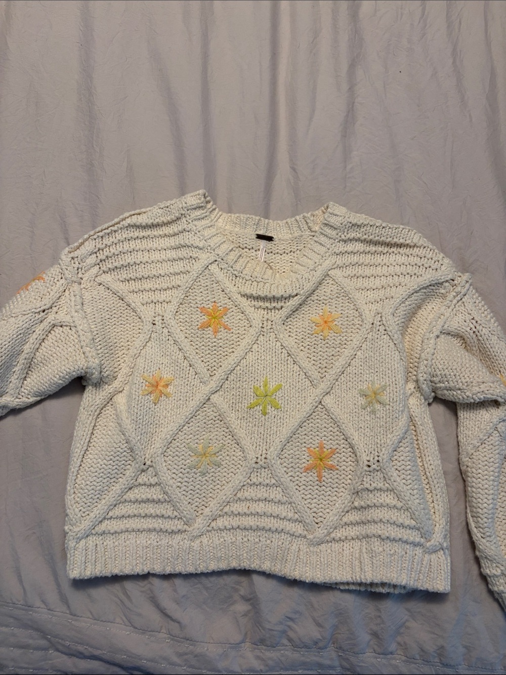 Free People Cream Knit Crewneck Sweater with Pastel Star Motifs